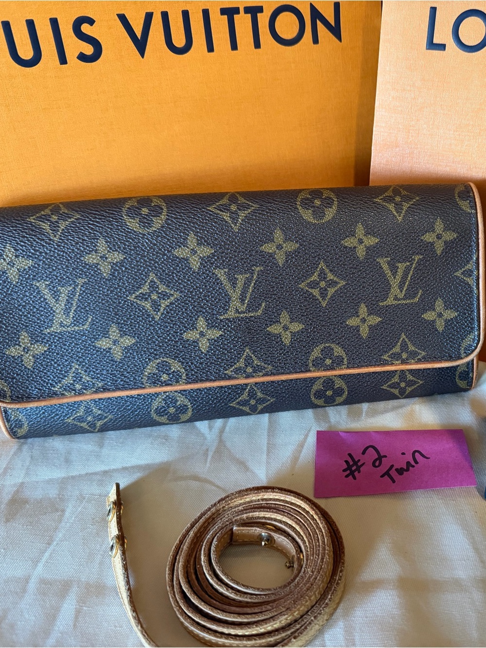 Louis Vuitton Monogram Crossbody Clutch in Brown with Tan Trim